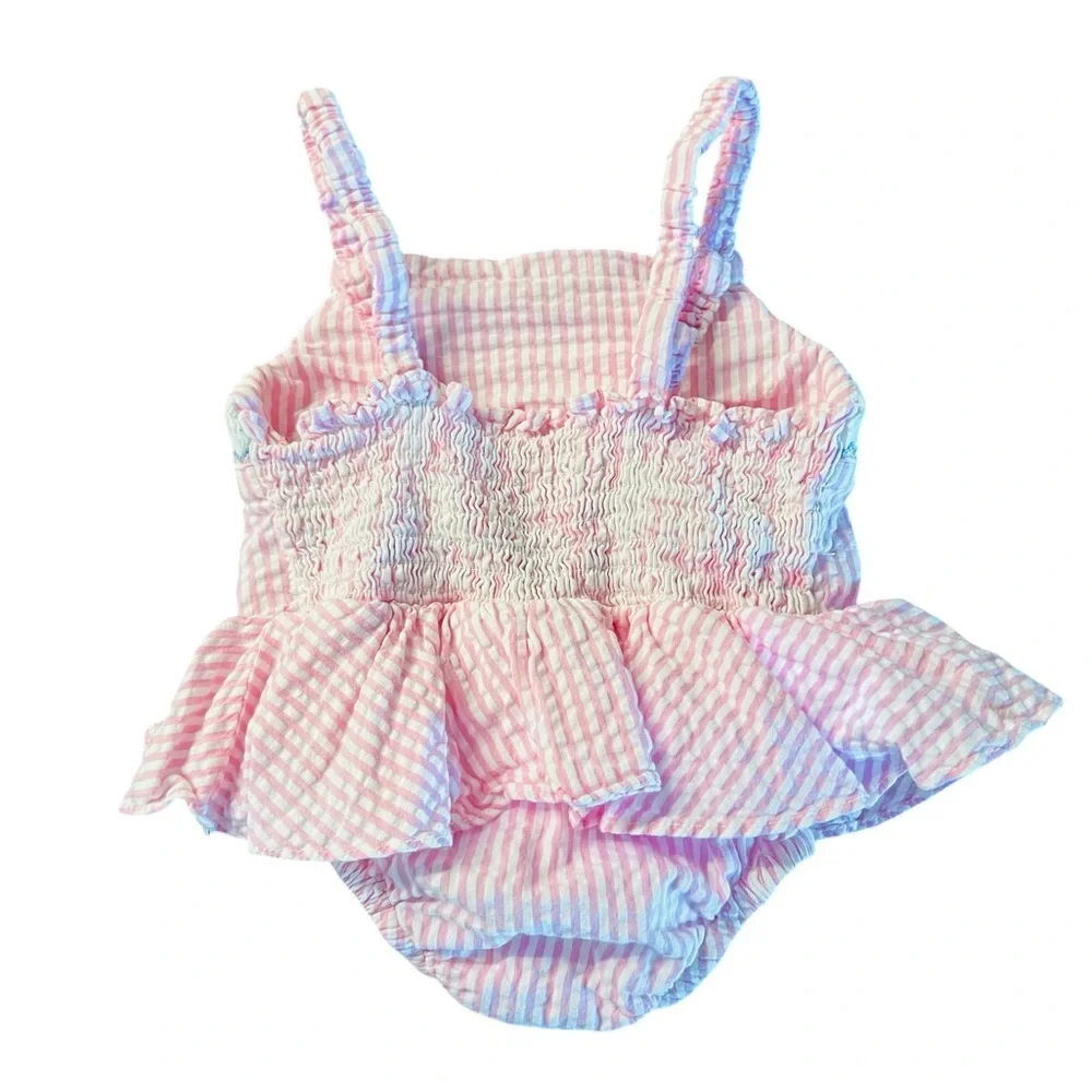 Southern Sunshine Kids Striped Pink Smocking Anchor Romper Size 9 Months